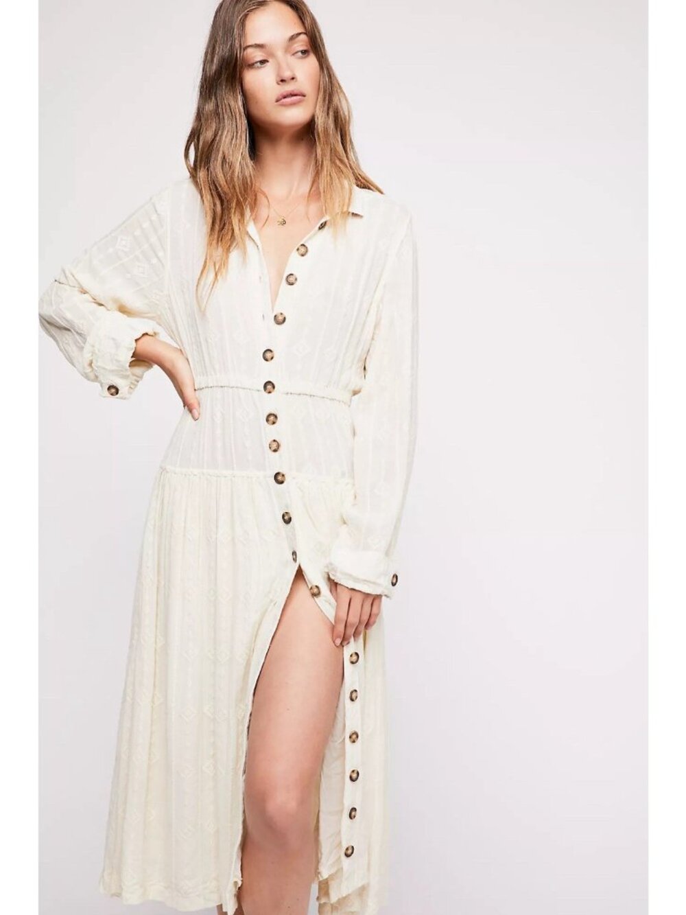 Free People Diamond Head Embroidered Midi Dress XS Ivory Boho Western Shirt